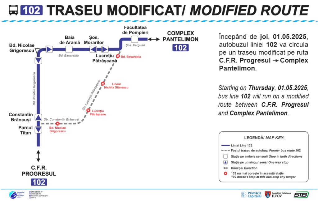 TPBI modifică traseul liniei 102 în zona Bulevardul Basarabia pentru a compensa suspendarea liniei tramvaiului 40