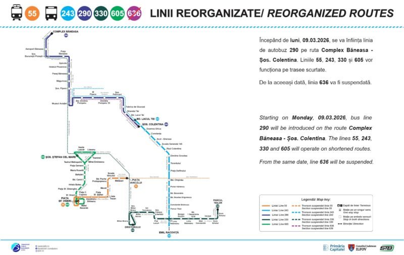 O nouă linie de autobuz între Băneasa și Colentina. TPBI anunță modificări substanțiale de trasee odată cu redeschiderea liniei 5