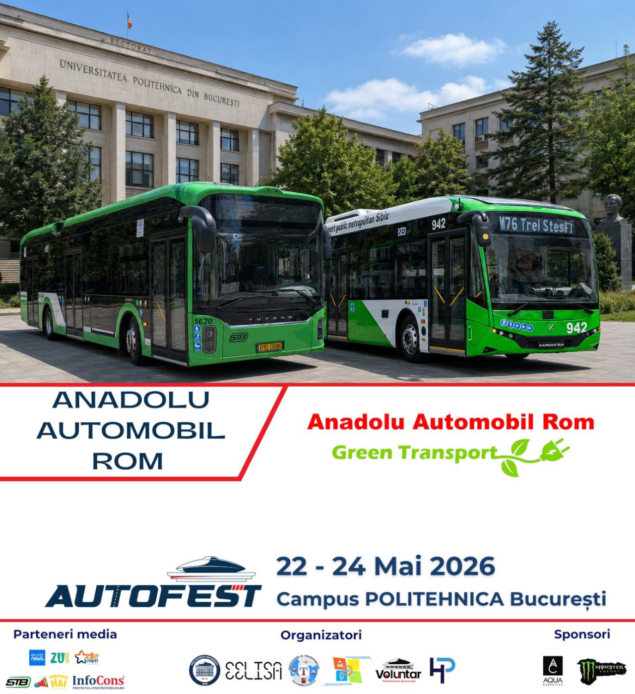 Anadolu Automobil Rom prezintă la POLI AutoFEST 2026 troleibuzul Yutong U12 din București și autobuzul electric Karsan e‑ATA 10 - modele reprezentative pentru viitorul mobilității urbane