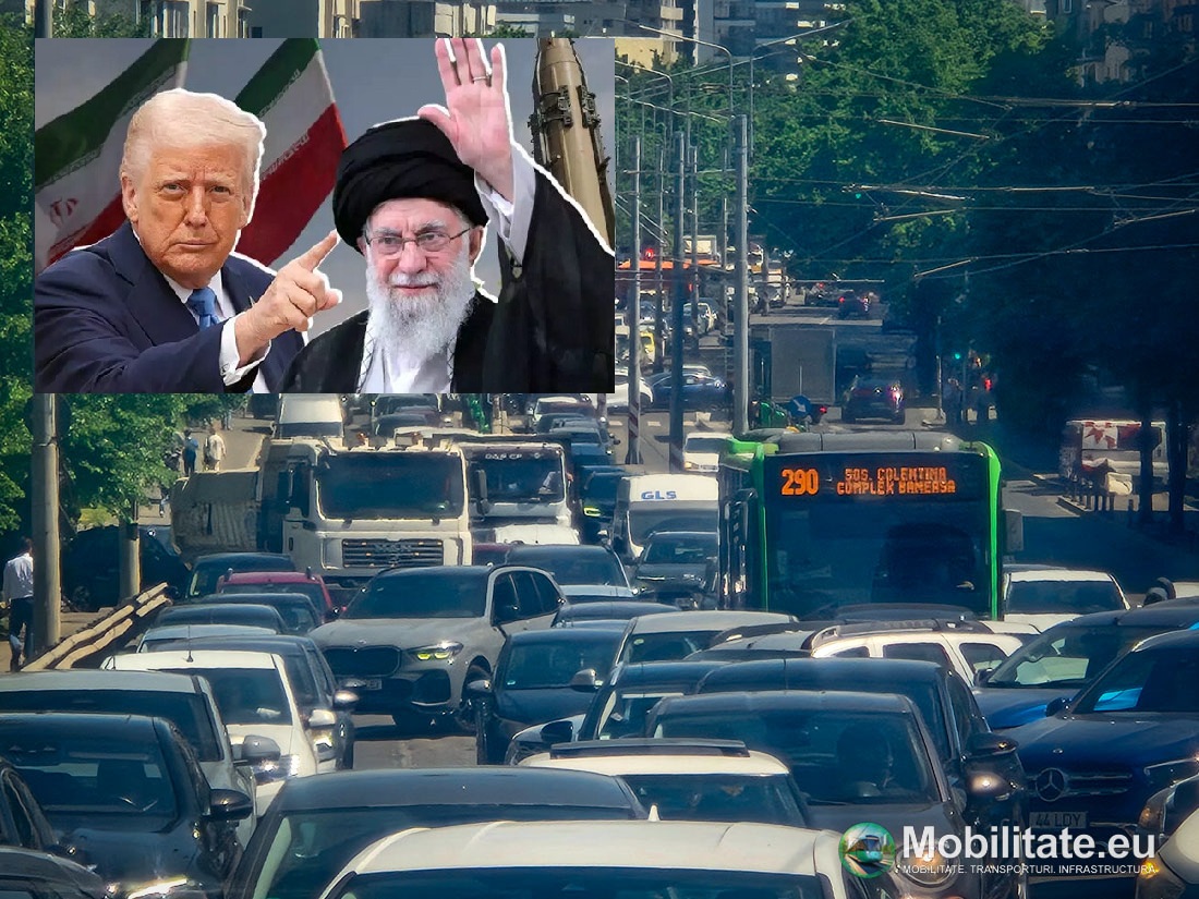 Negocierile SUA-Iran pentru redeschiderea strâmtorii Ormuz țin tramvaiul 5 din București blocat. Stâlpișorii galbeni care vor delimita linia sunt blocați pe vapor