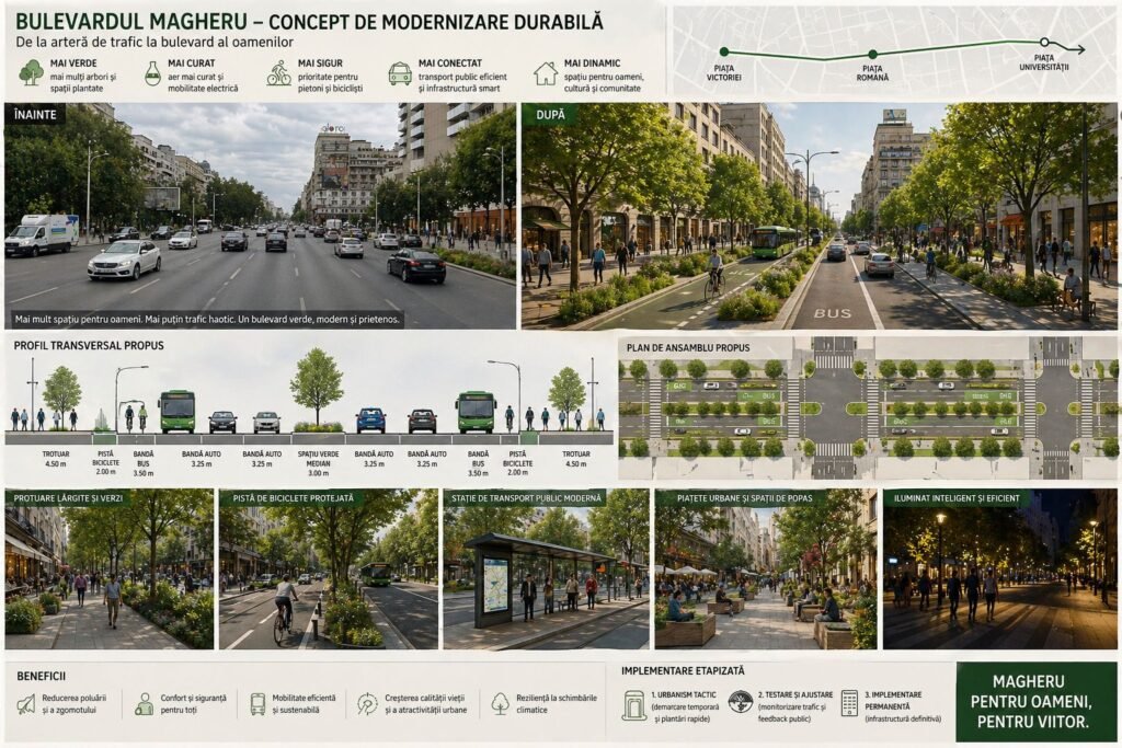 Primăria Capitalei lansează concurs internațional de soluții pentru reconfigurarea Bulevardului Magheru pentru a transforma artera într-un spațiu urban atractiv și verde
