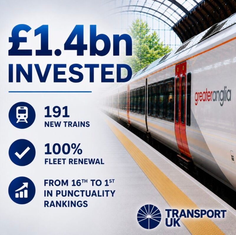 Transport UK Group evidențiază transformarea Greater Anglia prin investiții de 1,4 miliarde lire și 191 de trenuri noi