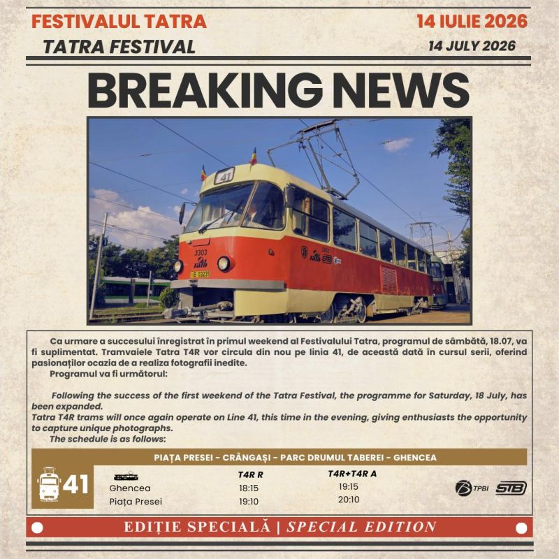 Festivalul Tatra se extinde pe linia de metrou ușor: tramvaiele T4R revin pe linia 41 sâmbătă seara, pentru un tur de fotografiat la apus