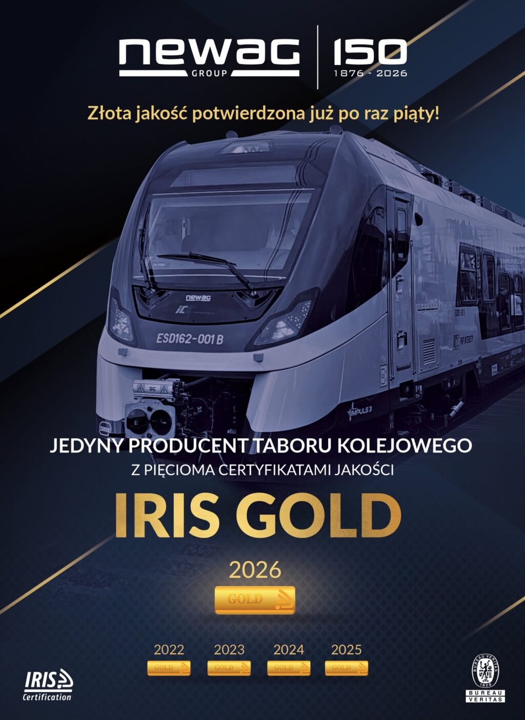 NEWAG obține pentru a cincea oară consecutiv certificarea IRIS Gold, performanță unică la nivel mondial