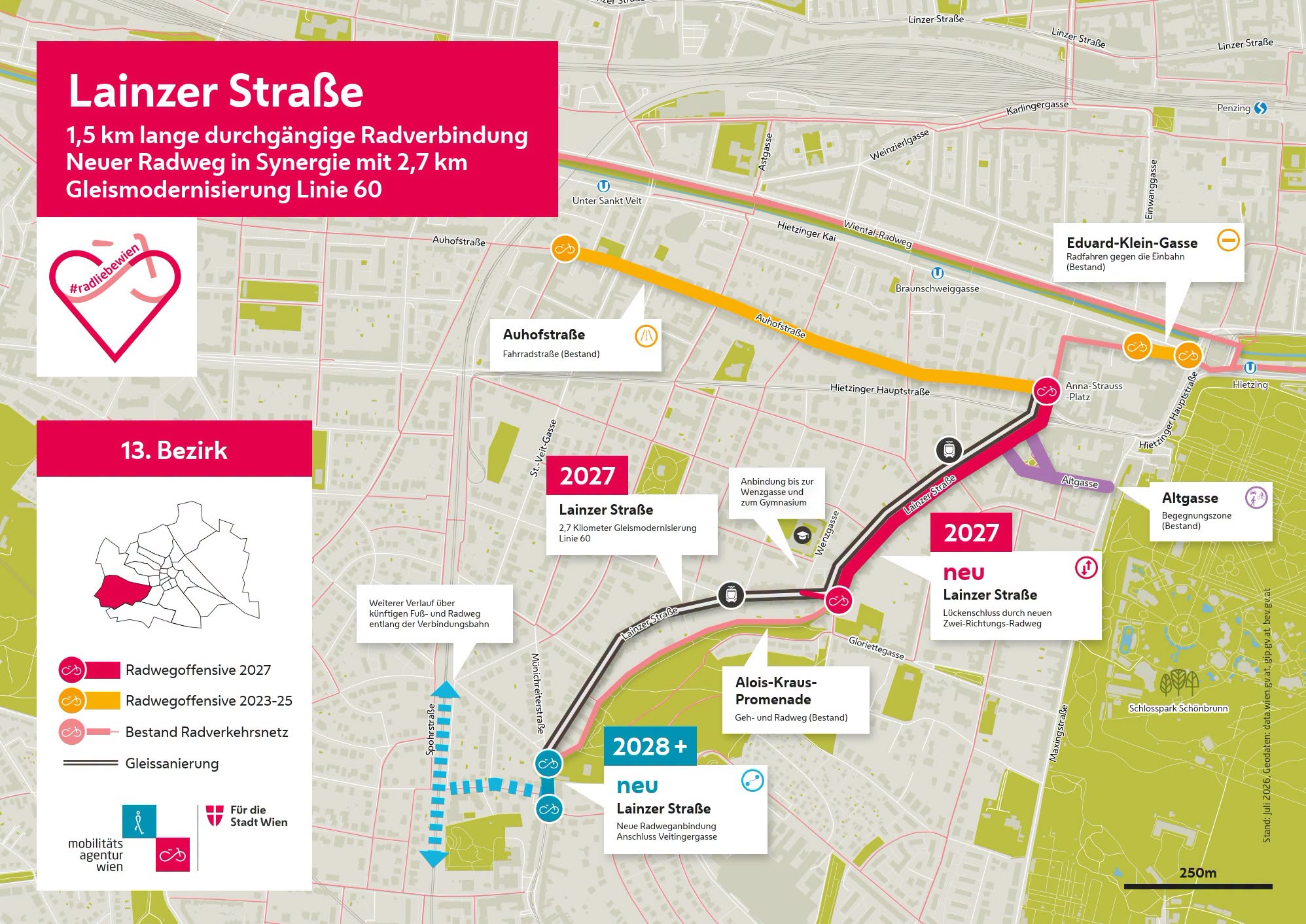 Viena modernizează Lainzer Straße: 2,7 km de linii de tramvai noi, spații verzi extinse și pistă velo bidirecțională până la Lainz