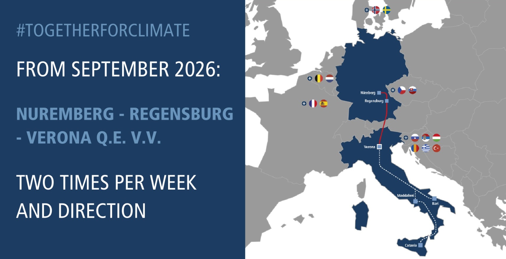 Kombiverkehr extinde serviciul Nurnberg–Verona și conectează Regensburg la coridorul feroviar Germania–Italia din septembrie 2026