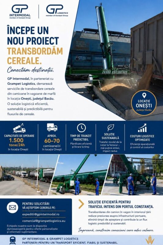 GRAMPET Group operationalizează terminalul de transbordare cereale din Onești, nou nod logistic pentru fluxurile către Portul Constanța