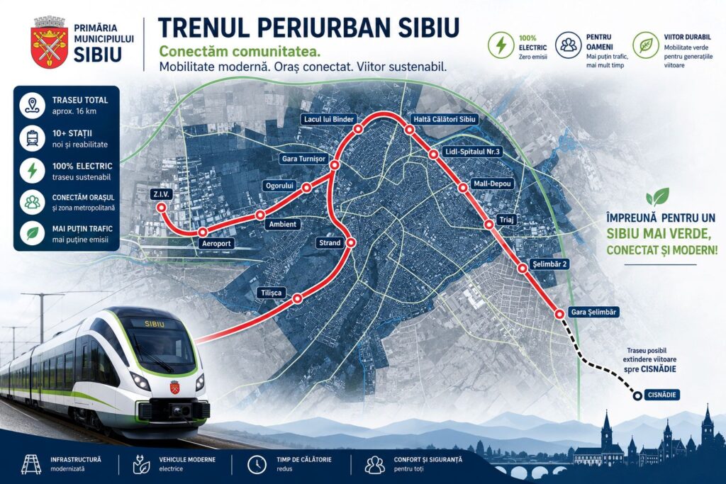 Sibiu lansează achiziția pentru studiul de fezabilitate al trenului periurban: proiect strategic de mobilitate pe 16 km, cu legături spre aeroport și zona industrială