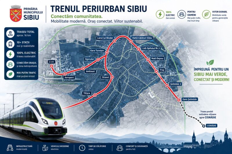 Sibiu lansează achiziția pentru studiul de fezabilitate al trenului periurban: proiect strategic de mobilitate pe 16 km, cu legături spre aeroport și zona industrială